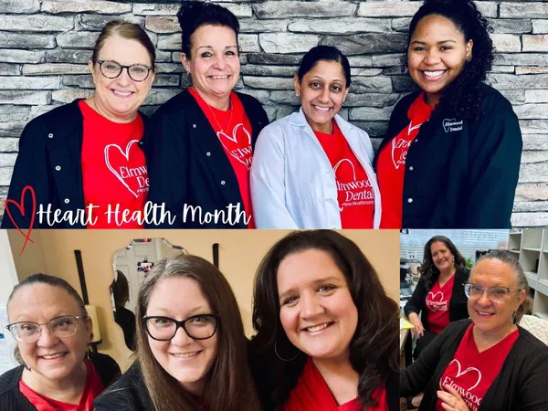 Team celebrating Heart Health Month with red shirts and heart signs